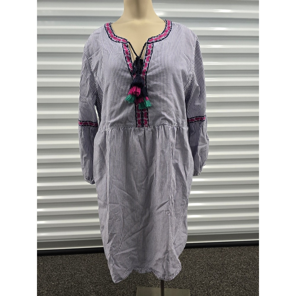 Tommy Bahama Womens Blue White Striped Embroidered Tassel Tunic Dress Large